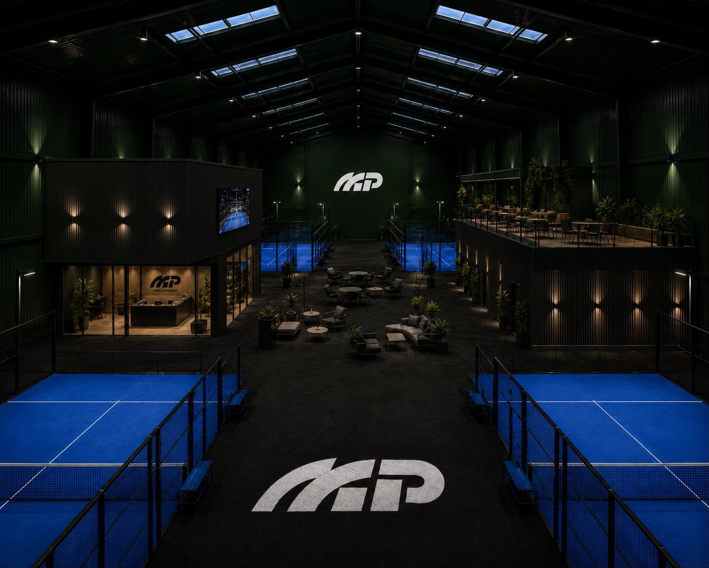 Render del interior de Mucho Padel: cuatro pistas de pádel indoor, zona lounge y bar en altillo